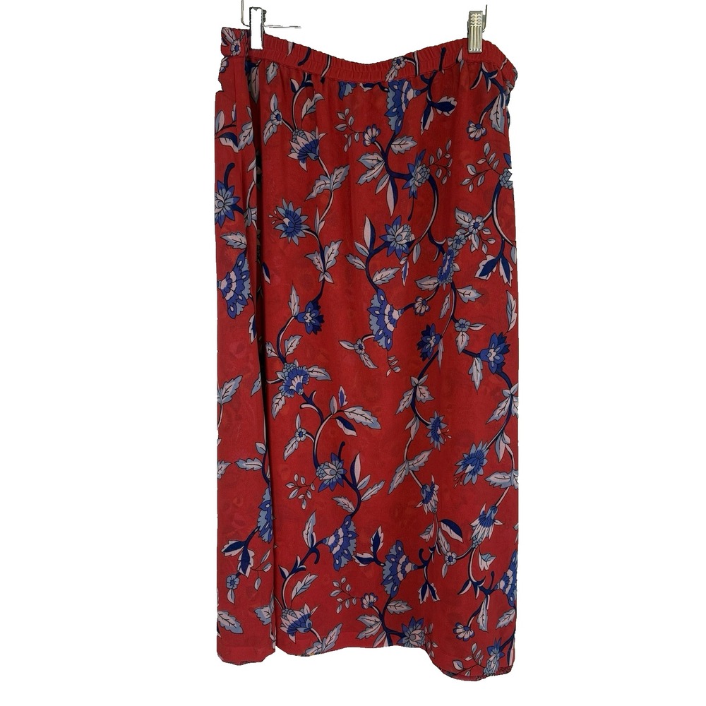 Womens Red Midi Floral Skirt L Lightweight Lined Elastic Waist Officecre Career